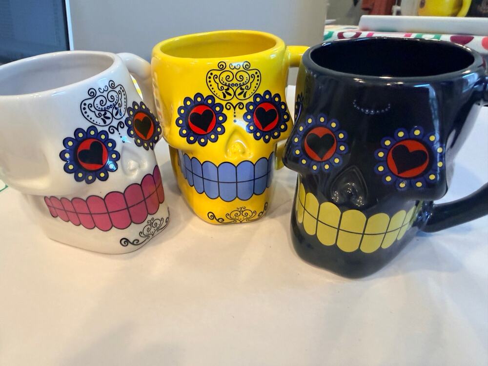 Set of 3 Things2Die4 Day of the Dead Sugar Skull 3D Figural Ceramic Mugs 16oz